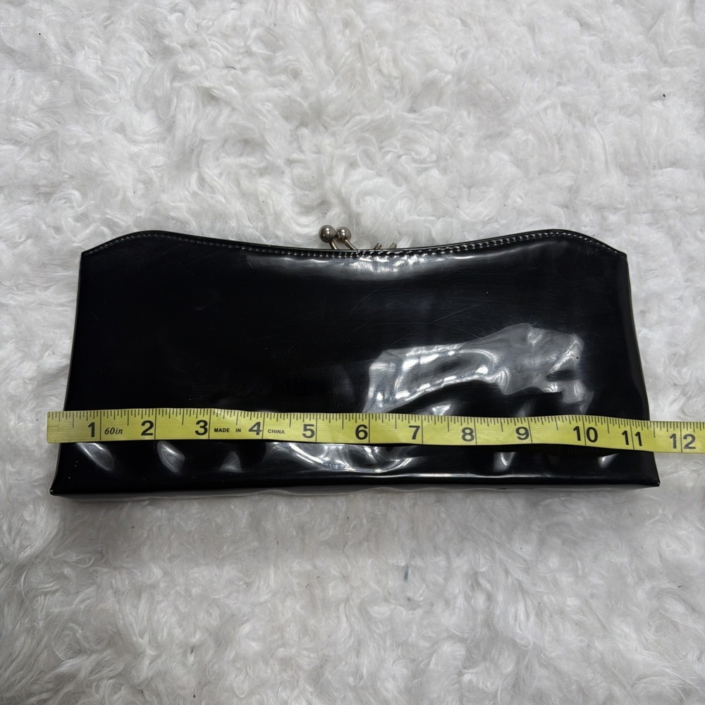 Vintage 80's Black Kiss Lock Evening Bag Clutch Oblong Rectangle Patent Leather - Picture 6 of 8